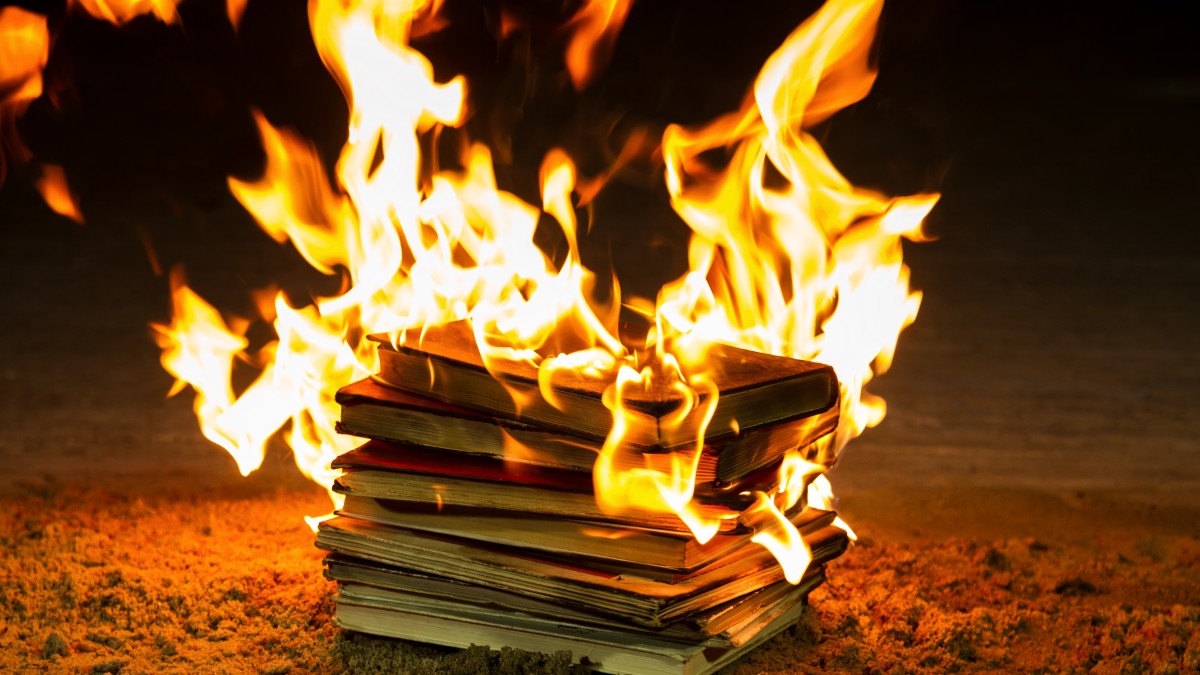 A stack of books burning