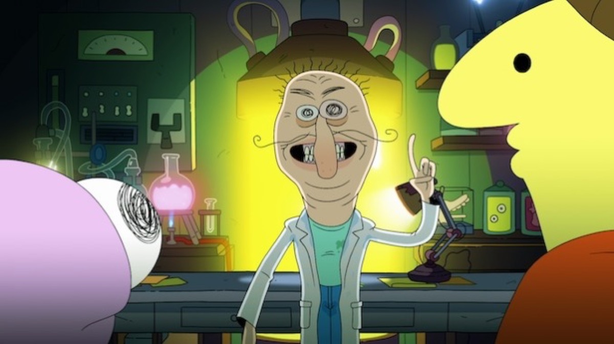 Two animated critters stare at a mad scientist in "Smiling Friends" 