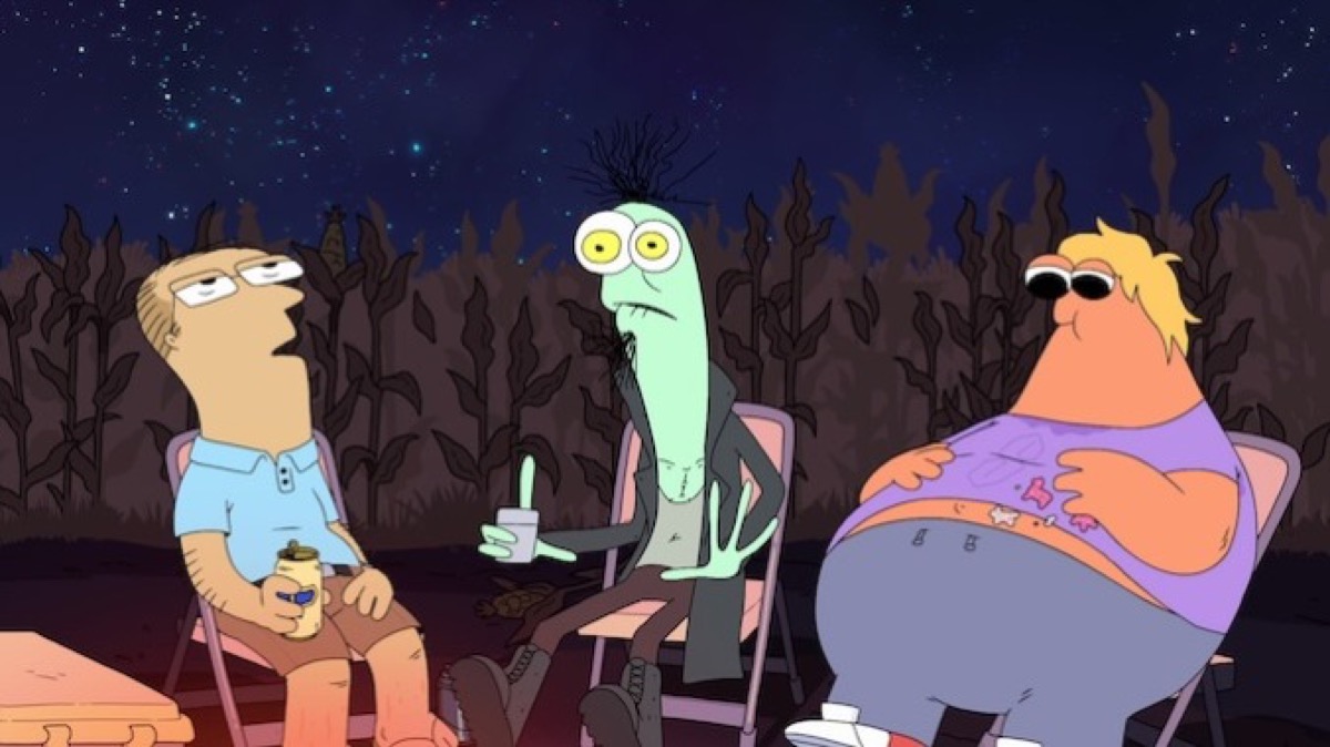 Three animated characters sit in a cornfield at night in "Smiling Friends" 