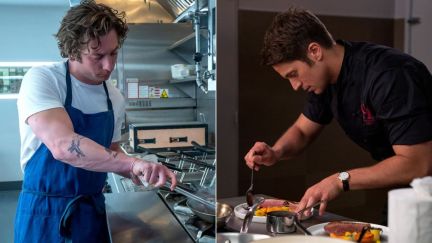 Left: Jeremy Allen White as Chef Carmy in The Bear. Right: Lucas Bravo as Chef Gabriel in Emily in Paris