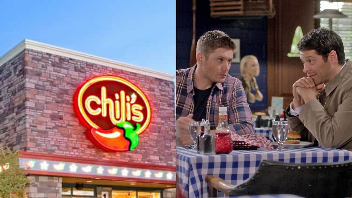 Left: a Chili's Grill & Bar restaurant. Right: Jensen Ackles as Dean Winchester and Misha Collins as Castiel in Supernatural