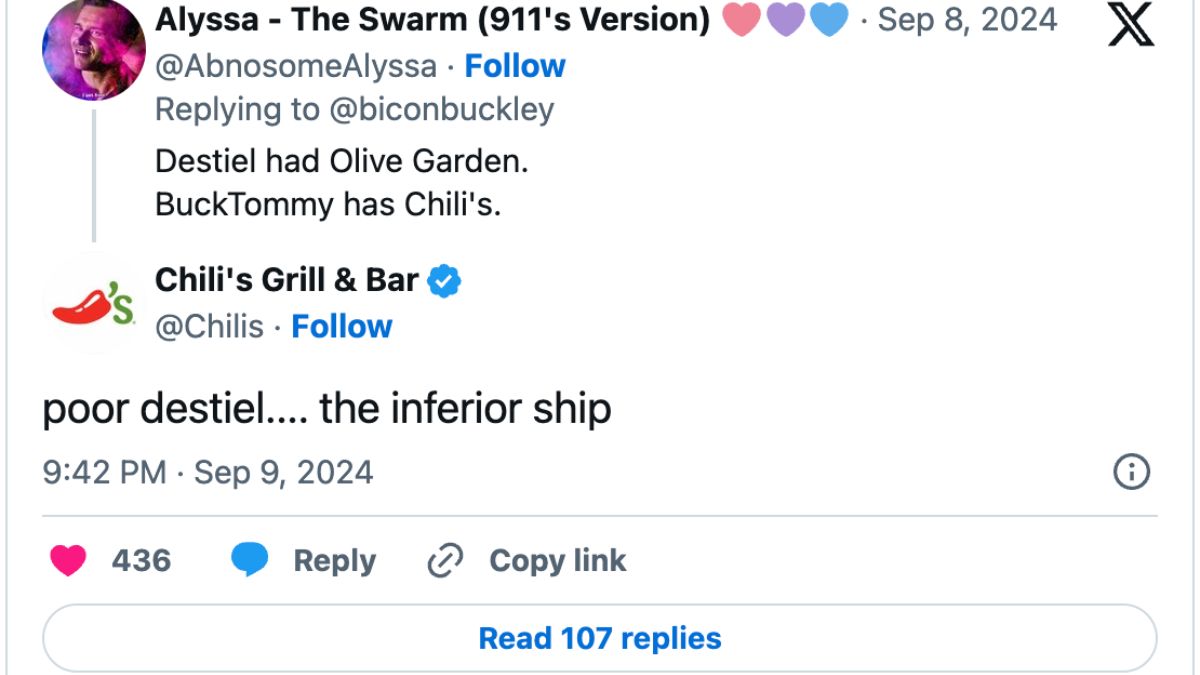 A now deleted tweet from the official X account of Chili's that calls Destiel an inferior ship