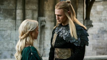 Amelia Kenworthy as Mirdania talks to Charlie Vickers as Sauron / Annatar in The Rings of Power season 2 episode 6 