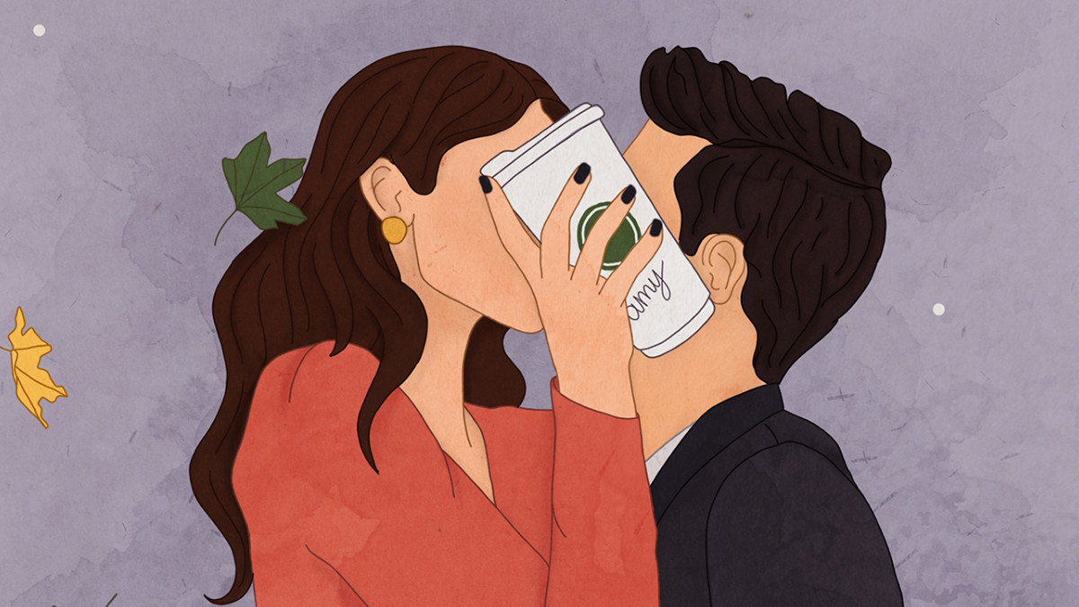 Cover Art for Accidentally Amy by Lynn Painter, featuring a couple kissing behind a coffee cup