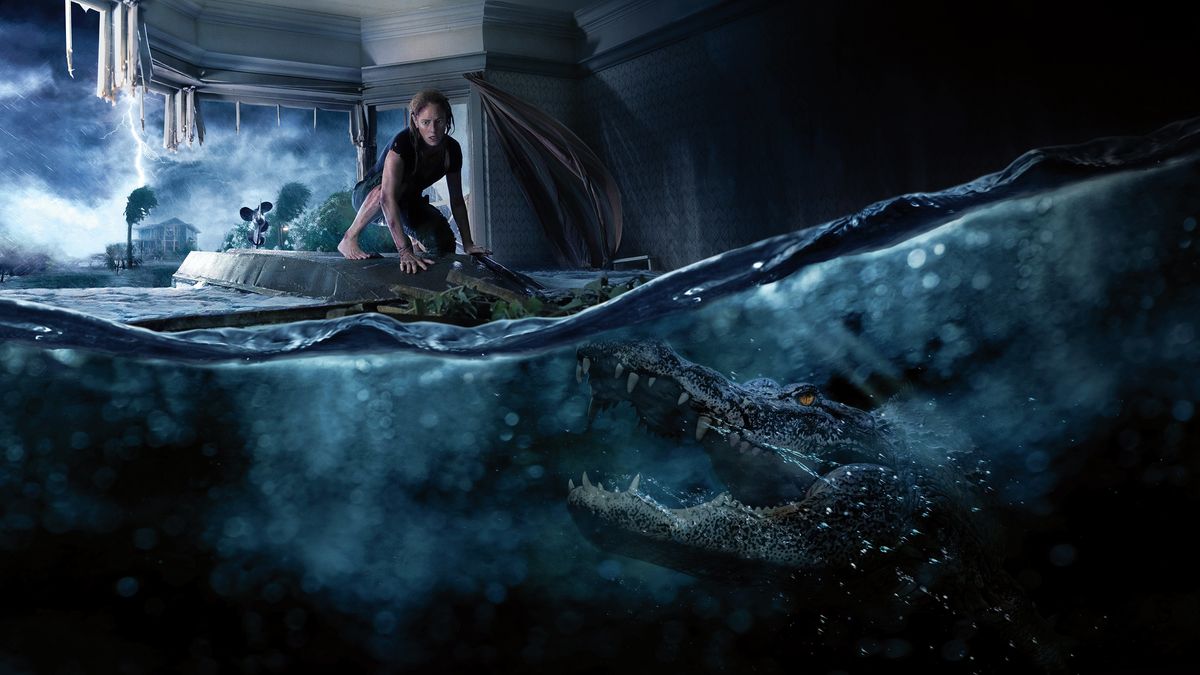 A woman in a flooded house flees an alligator lurking under the water in "Crawl"