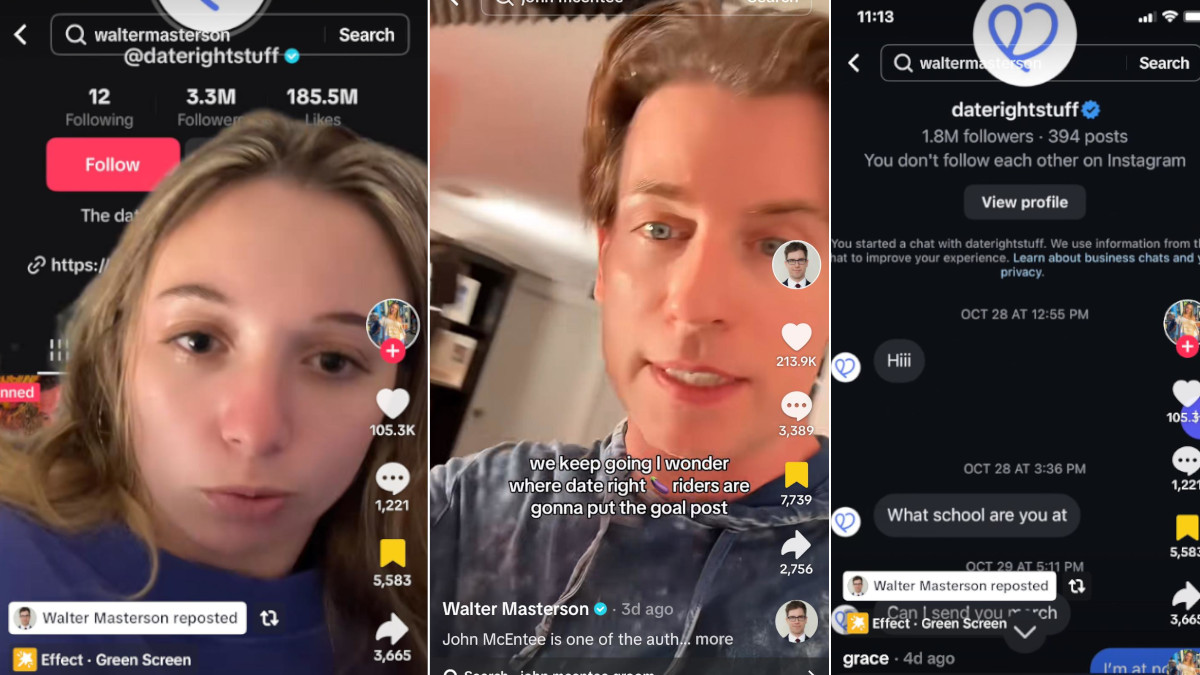 Stills from TikToks discussing Date Right Stuff's controversies
