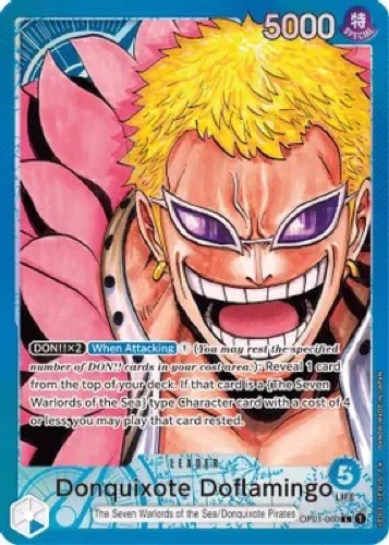 A Donquixote Doflamingo trading card from "One Piece"