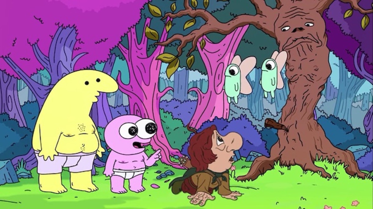 Two animated critters follow a hobbit through the woods in "Smiling Friends' 