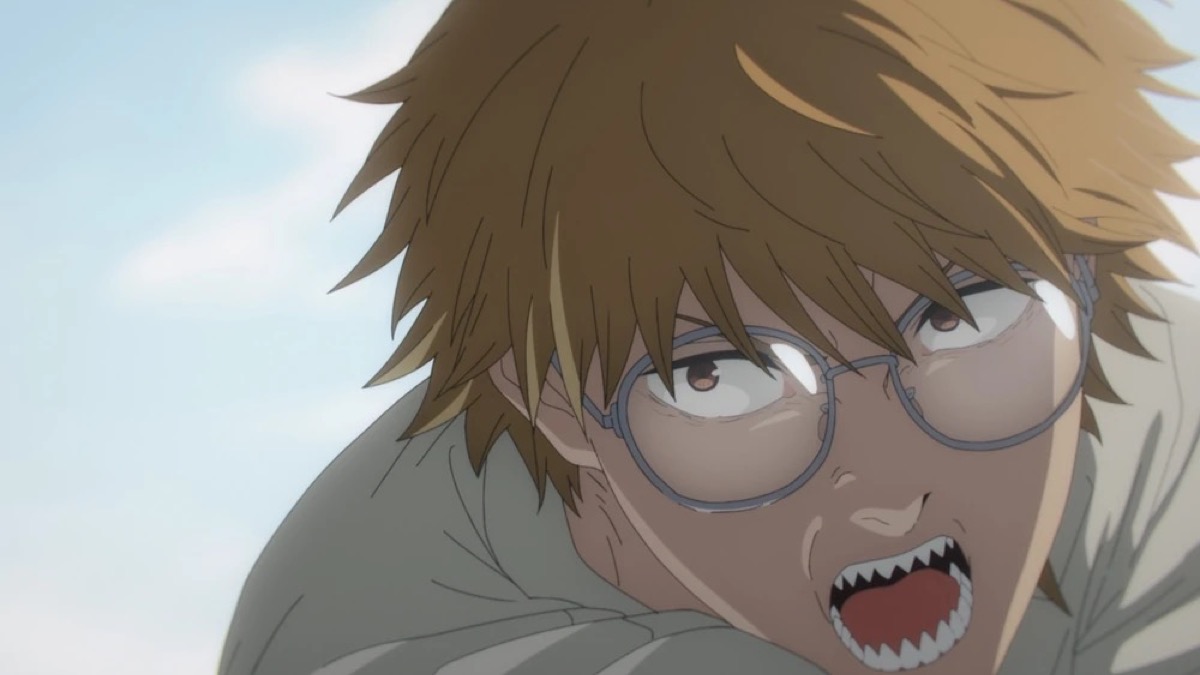 A redhead boy with sharp tells yells in "Chainsaw Man"