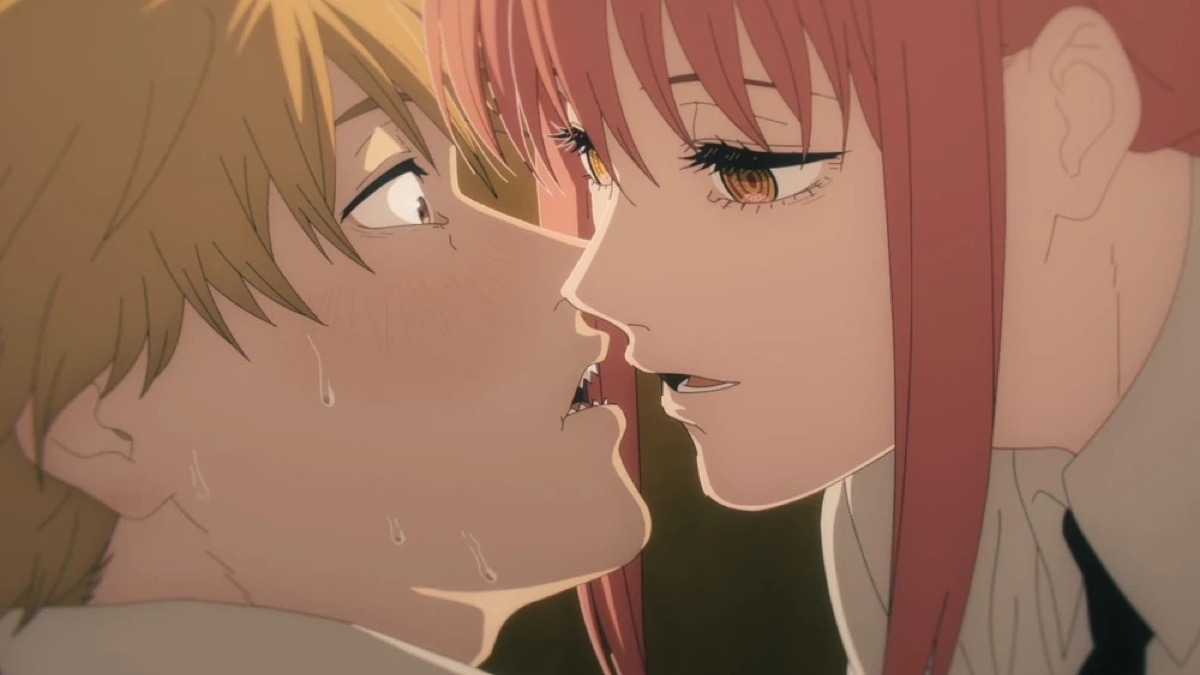 A young man and woman stand inches away from kissing in "Chainsaw Man"