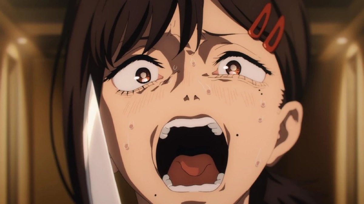 A young woman scream cries with a knife in "Chainsaw Man"