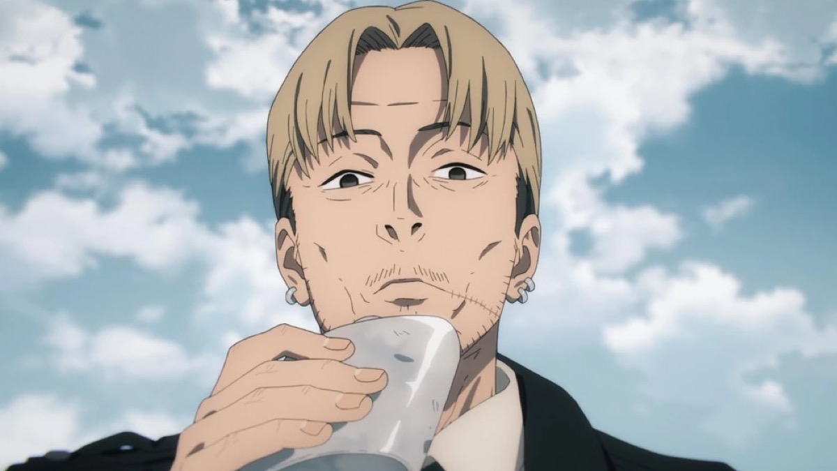 A scar faced man drinks from a flask in "Chainsaw Man"