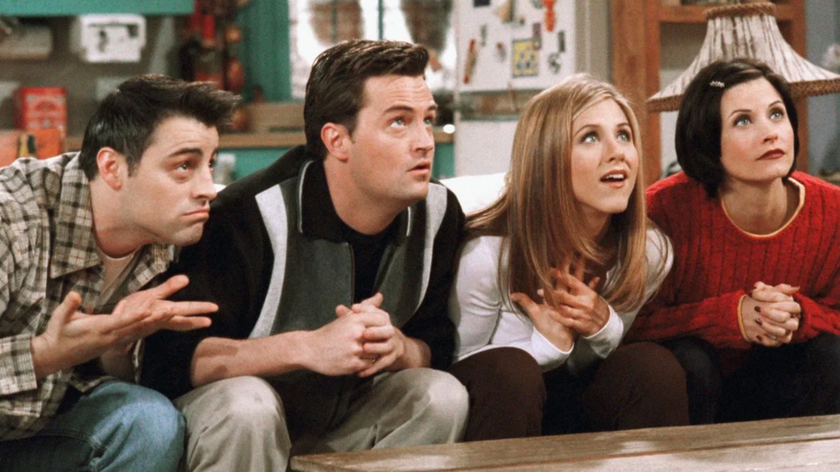 Joey, Chandler, Monica, and Rachel are leaning forward in anticipation: Friends, The One With The Embryos