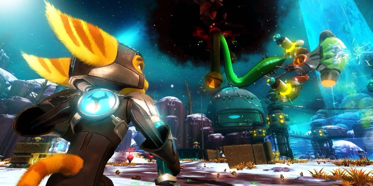 An alien cat man looks ready to battle a flying alien monster in "Ratchet and Clank Future: A Crack in Time" 