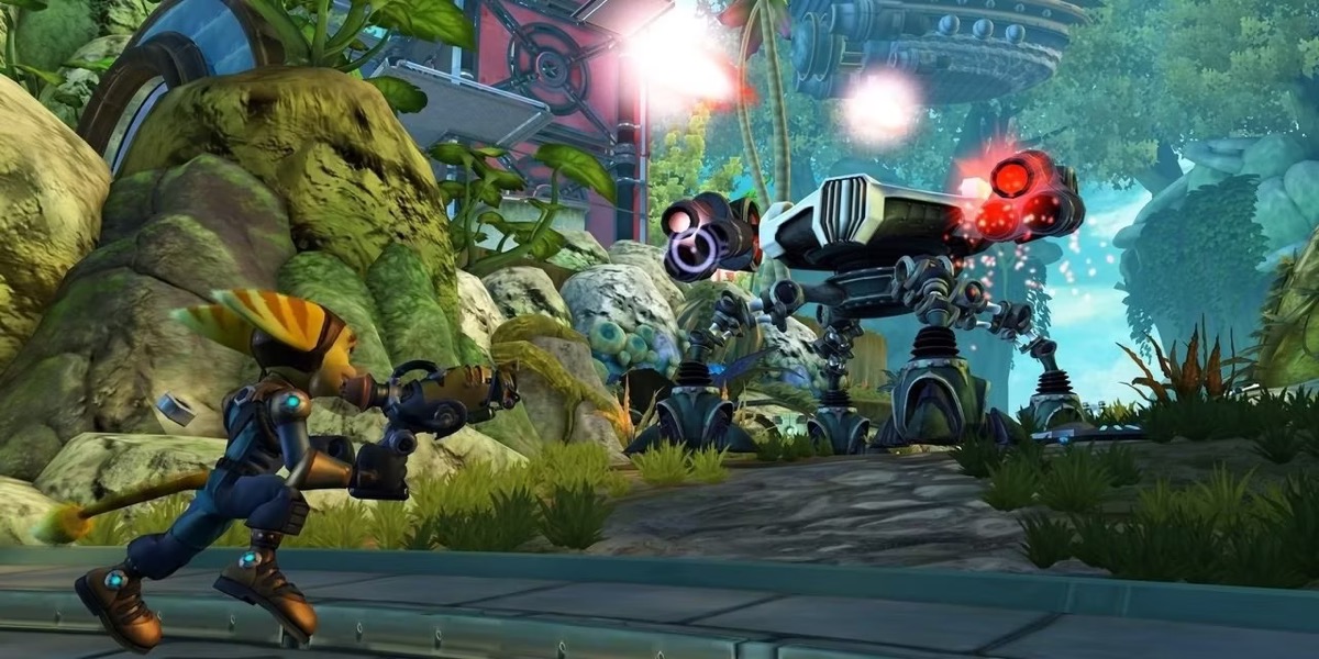 An alien feline aims a gun at a robot in "Ratchet and Clank Future: Quest for Booty"