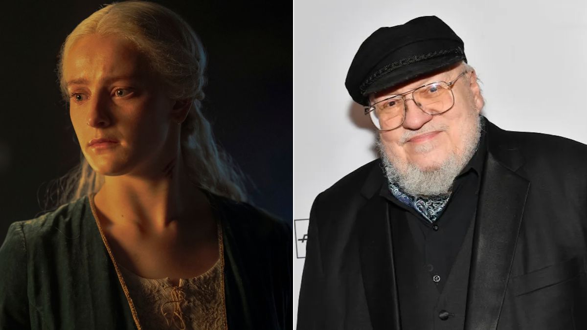 Left: Phia Saban as Helaena Targaryen in House of The Dragon. Right: George R.R. Martin