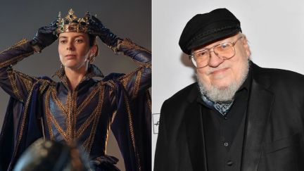 Left: Kate O'Flynn as Queen Mary in My Lady Jane. Right: Author George R.R. Martin