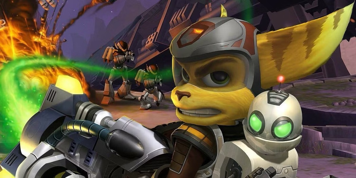 Alien cat Ratchet and his robot pal Clank fire a weapon at aliens in "Ratchet and Clank: Going Commando" 