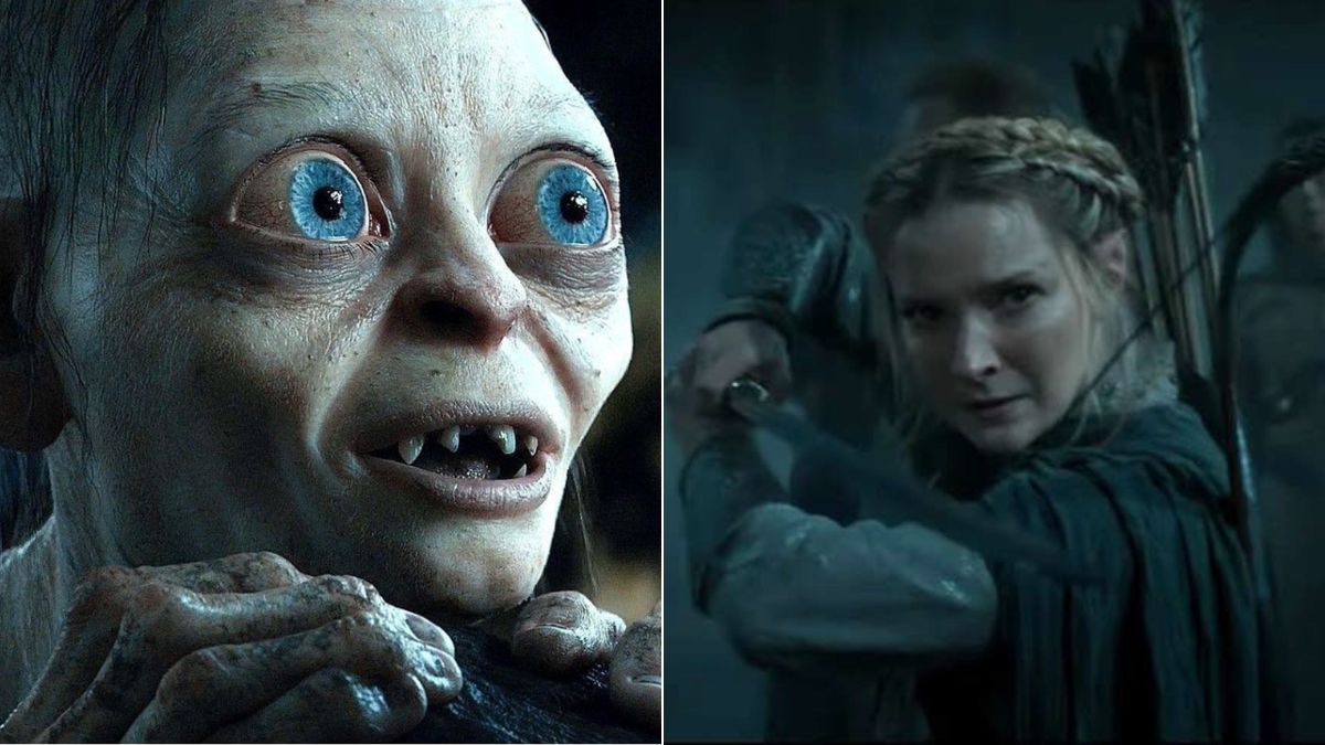 Left: Gollum in The Lord of The Rings: The Two Towers. Right: Galadriel wielding a sword in The Rings of Power season 2 episode 4