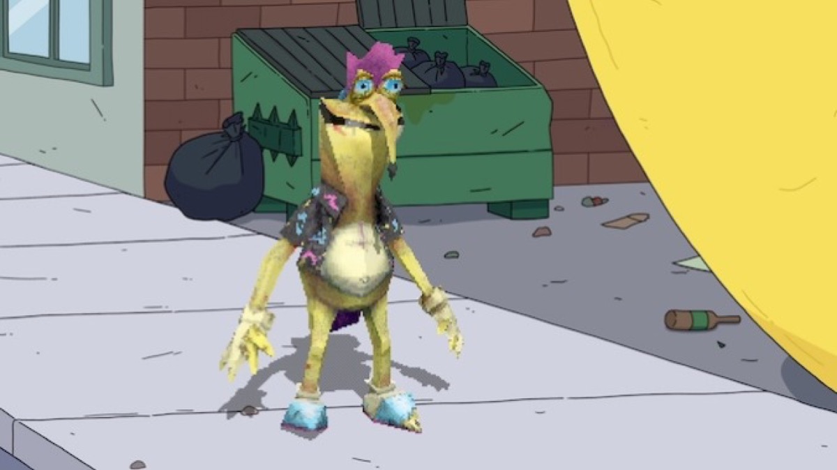 A grosteque animated creature stands on a sidewalk in "Smiling Friends" 