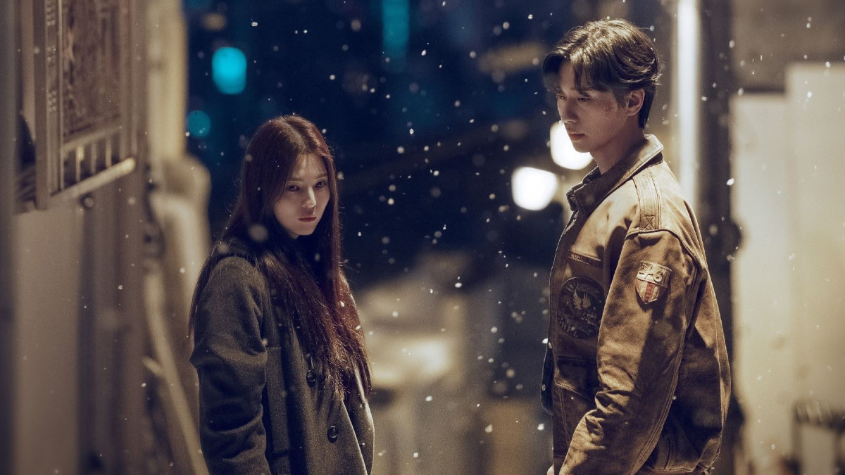 A still image featuring two of the characters from Gyeongsong Creature season 2 standing in the snow.