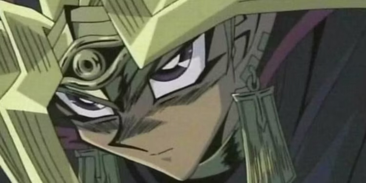 Yugi looks aggressive with eyes narrowed in "Yu Gi Oh!"