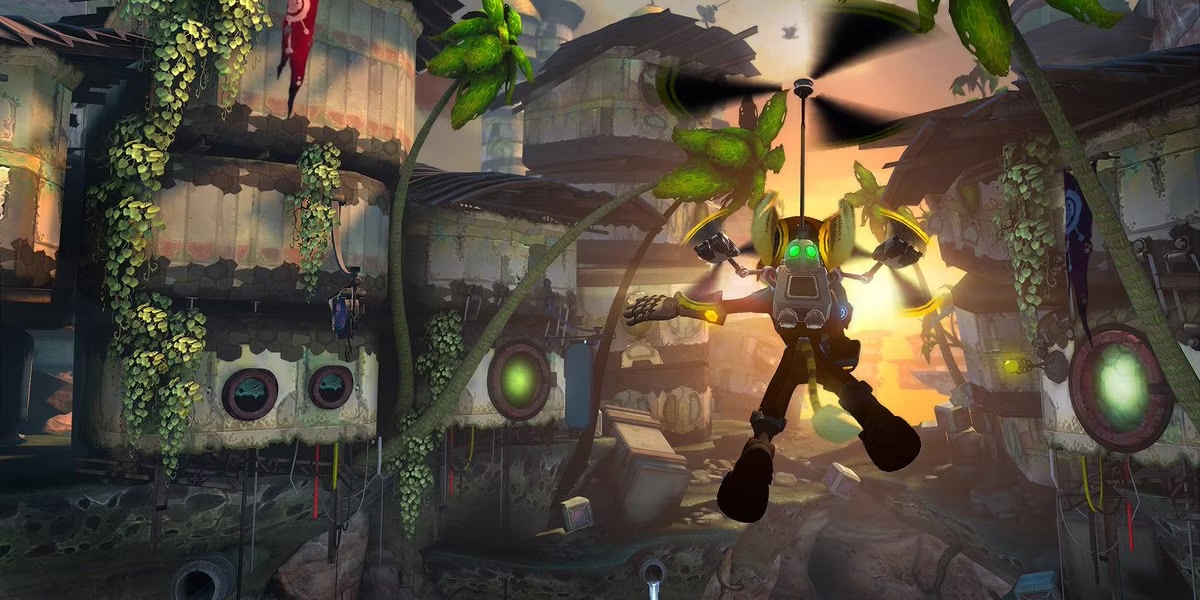 An alien cat man and his robot pal fly into the sunset in "Ratchet and Clank: Into the Nexus"