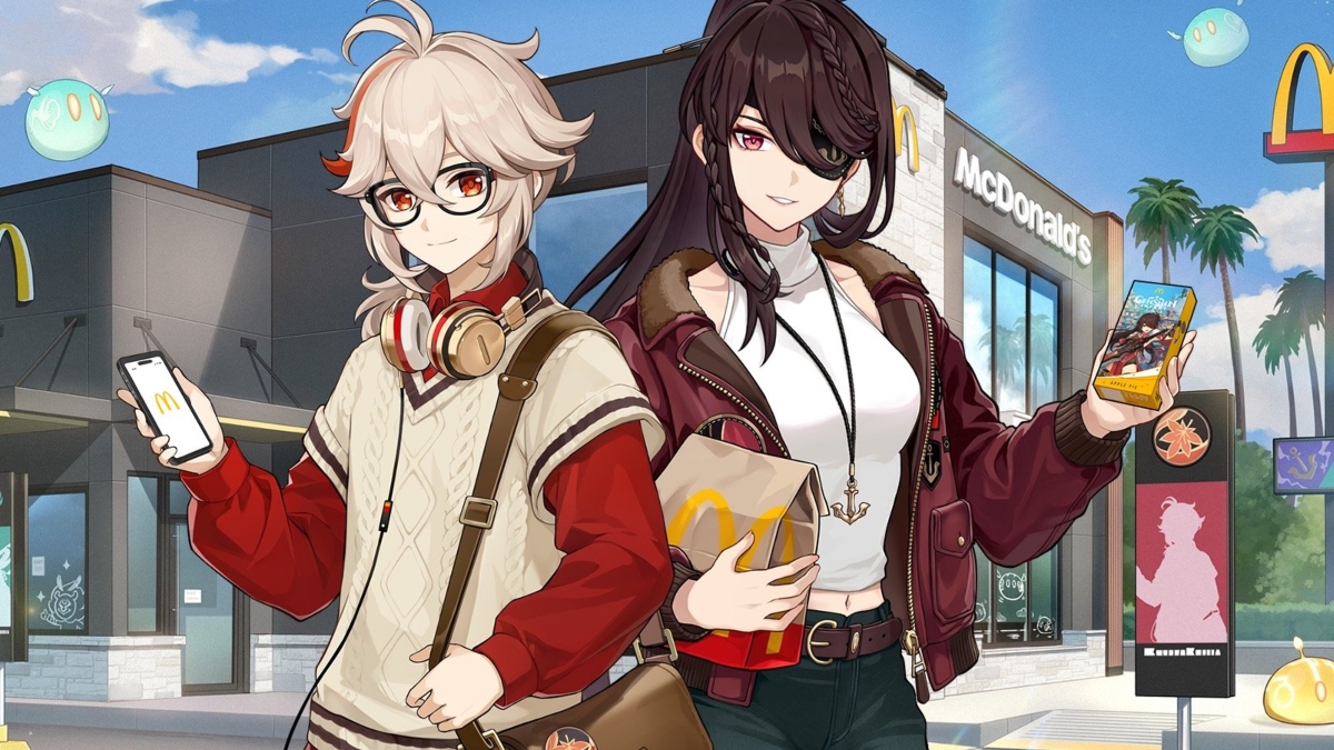 Genshin Impact characters Kazuha and Beidou posing in front of a McDonald's