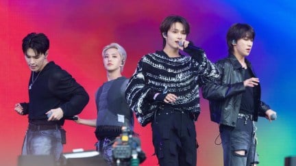 GLASTONBURY, ENGLAND - JUNE 28: Dino, Hoshi, Jun and The8 of Seventeen perform during day three of Glastonbury Festival 2024 at Worthy Farm, Pilton on June 28, 2024 in Glastonbury, England. Founded by Michael Eavis in 1970, Glastonbury Festival features around 3,000 performances across over 80 stages. Renowned for its vibrant atmosphere and iconic Pyramid Stage, the festival offers a diverse lineup of music and arts, embodying a spirit of community, creativity, and environmental consciousness. (Photo by Joseph Okpako/WireImage)