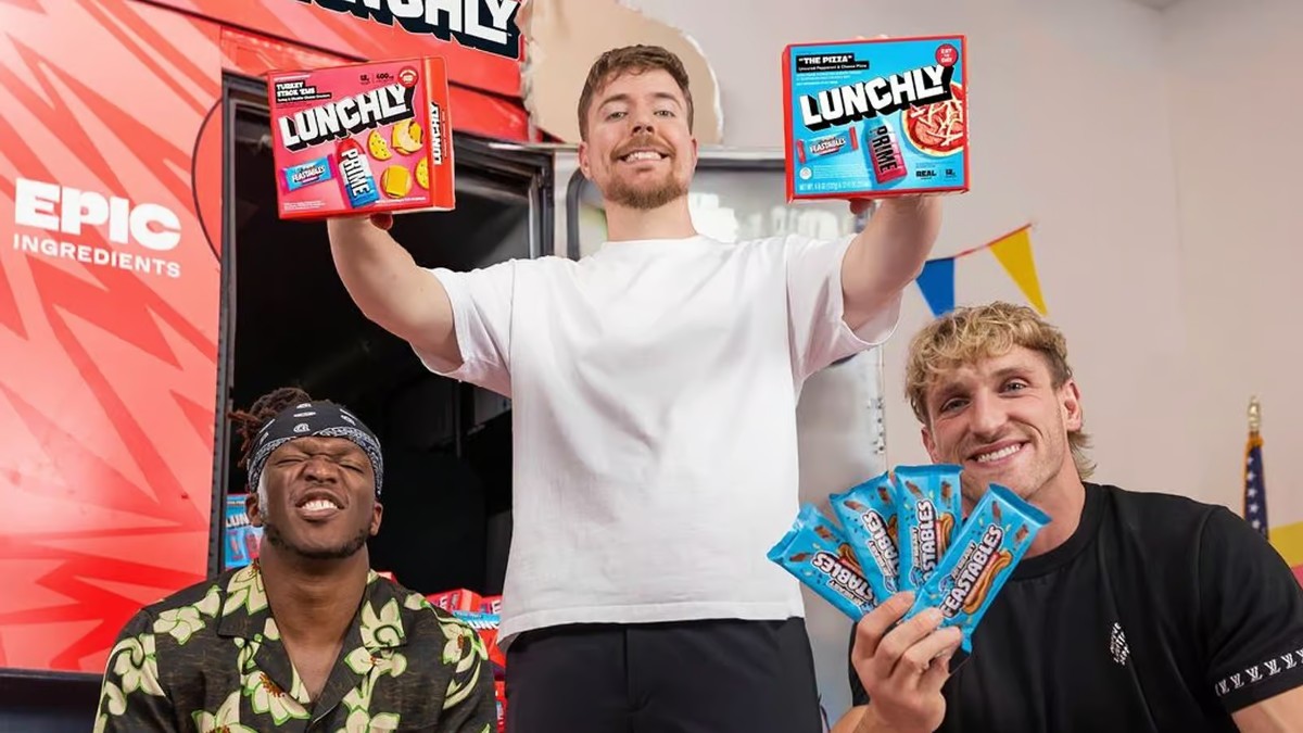 KSI, MrBeast, and Logan Paul holding their Lunchly products