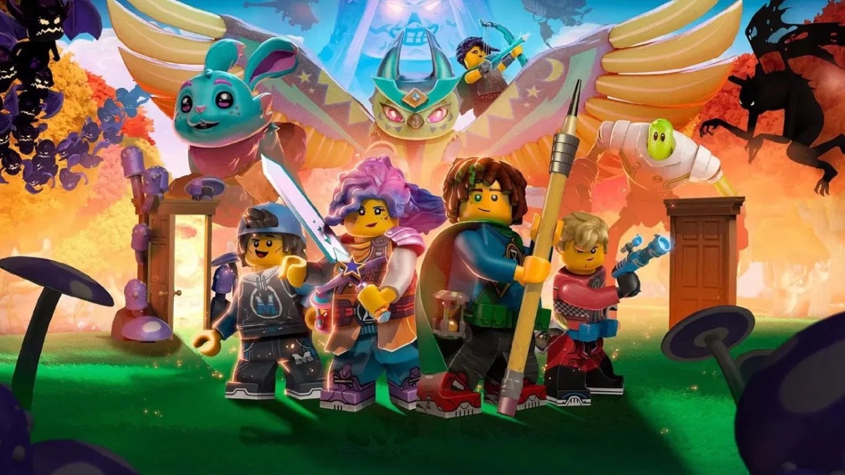 A group of LEGO warriors stand with weapons while behind them an owl spreads its wings in "LEGO Dreamzzz"