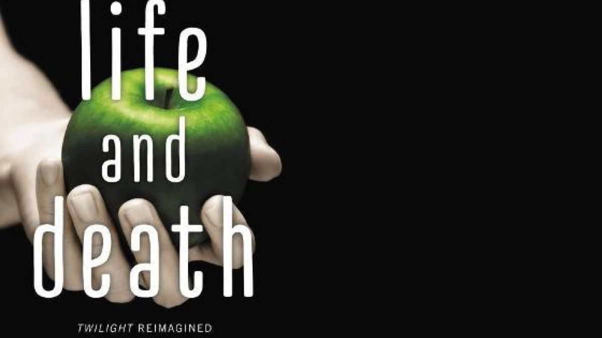 A pale grey hand holds a green apple in the cover of Stephenie Meyer's book Life and Death: Twilight Reimagined