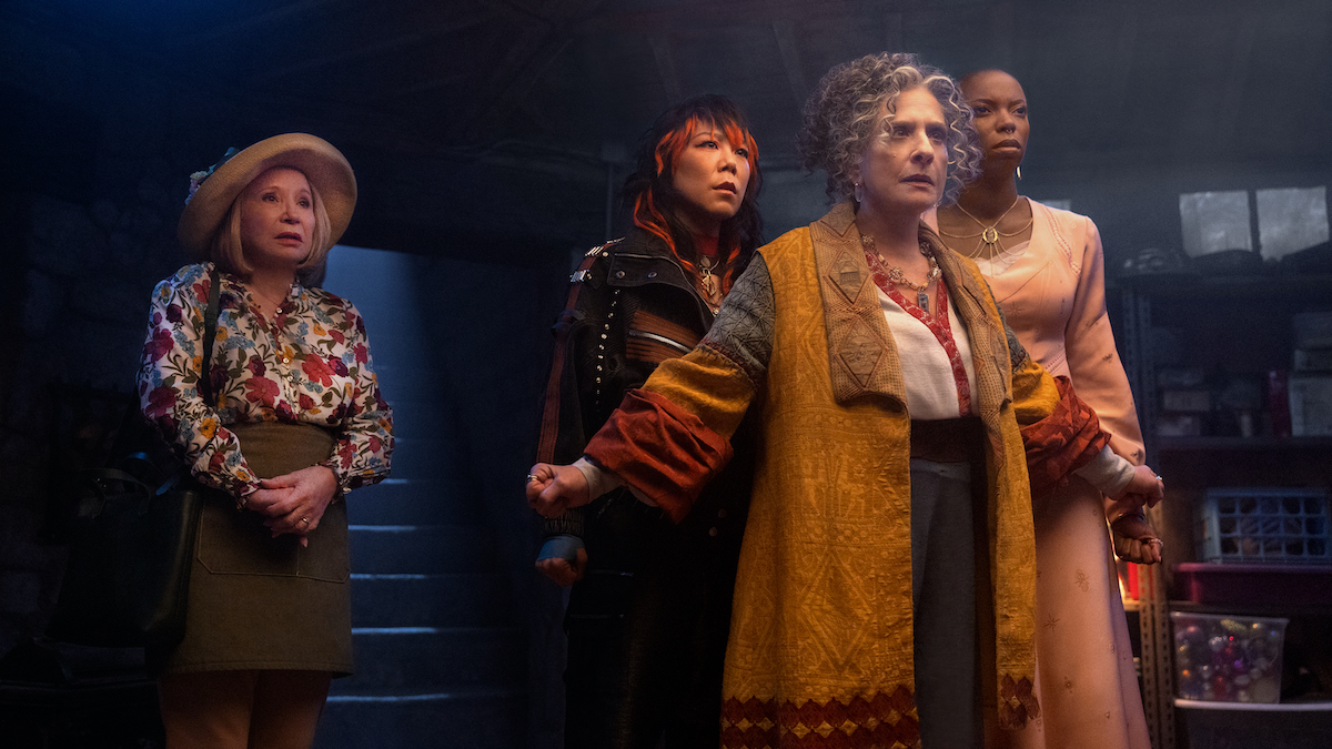 (L-R): Mrs. Hart/Sharon Davis (Debra Jo Rupp), Alice Wu-Gulliver (Ali Ahn), Lilia Calderu (Patti LuPone), and Jennifer Kale (Sasheer Zamata) in Marvel Television's AGATHA ALL ALONG, exclusively on Disney+.