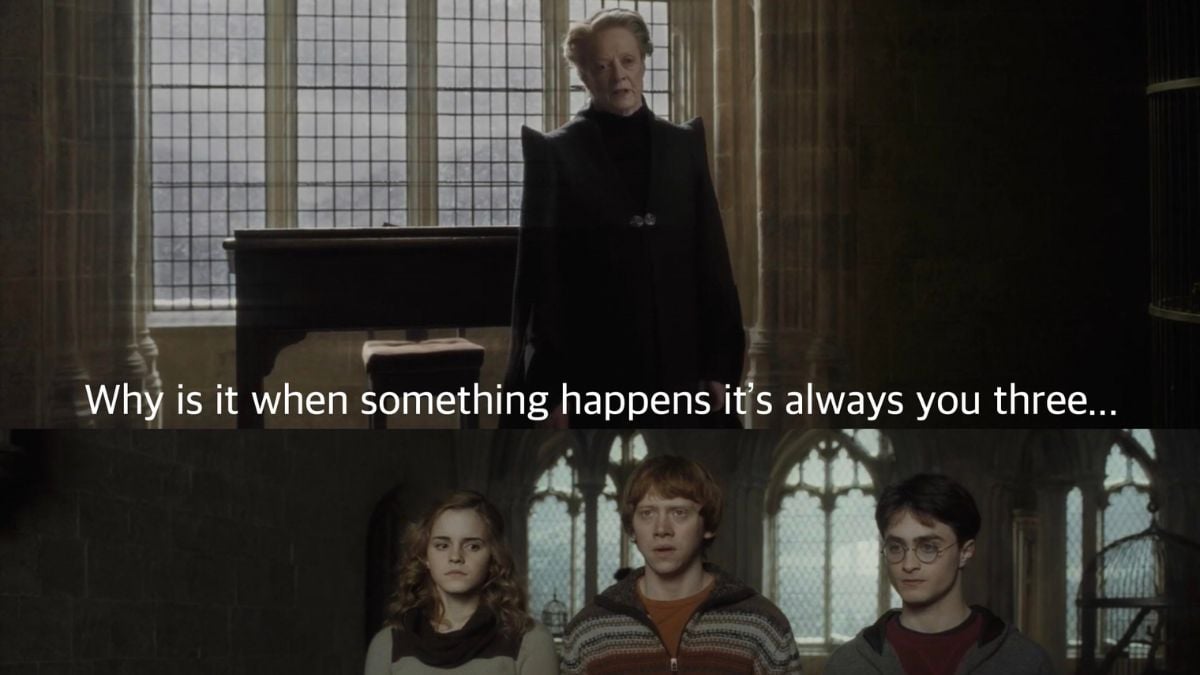 Dame Maggie Smith as Professor McGonagall scolds Harry, Ron, and Hermione