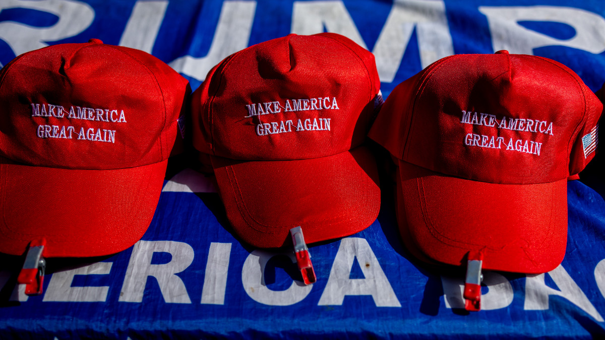 HOLLYWOOD, CA - MAY 30: MAGA hats with the saying, "Make America Great Again," are for sale on a table near the star of former President Donald Trump, hours after he was found guilty on 34 charges of trying to influence the 2016 election, on the Hollywood Walk of Fame, in Hollywood, CA., May 30, 2024. Trump became the first former American president to be convicted of felony crimes, after a New York jury found him guilty of all 34 charges in a scheme to illegally influence the 2016 election through a hush money payment to a porn actress who said the two had sex. (Photo by Jay L. Clendenin/Getty Images)