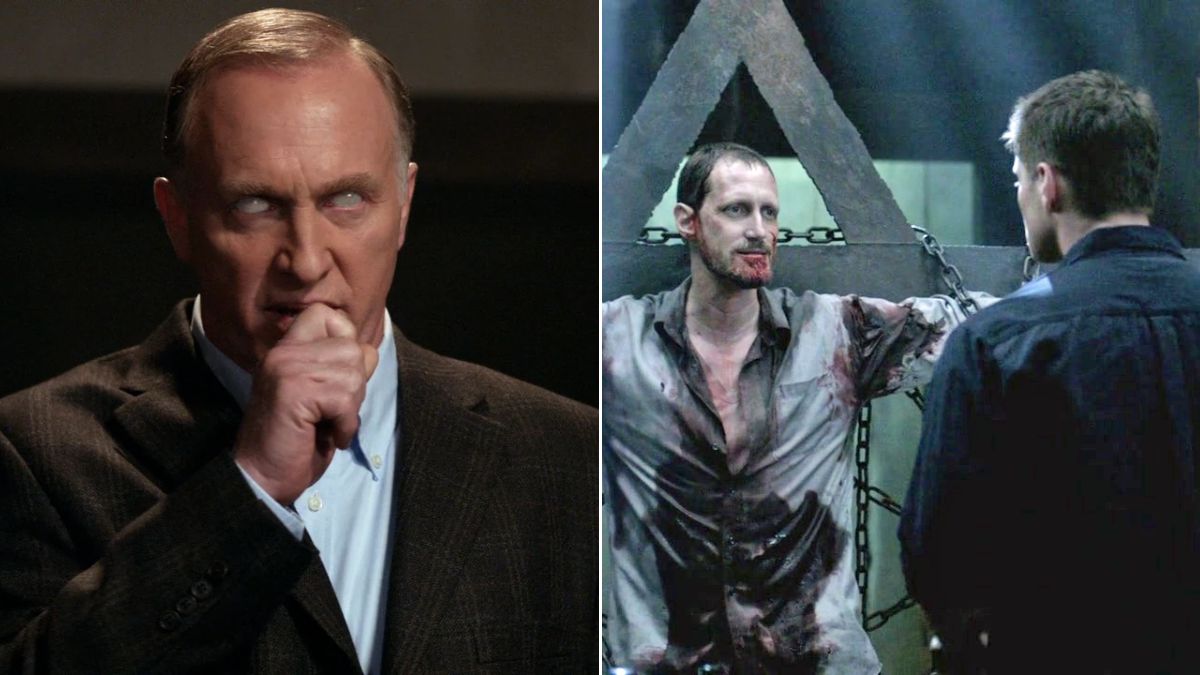 Left: Mark Rolston as Alastair. Right: Christopher Heyerdahl as Alastair is tied to a stake with Jensen Ackles as Dean Winchester standing in front of him in Supernatural