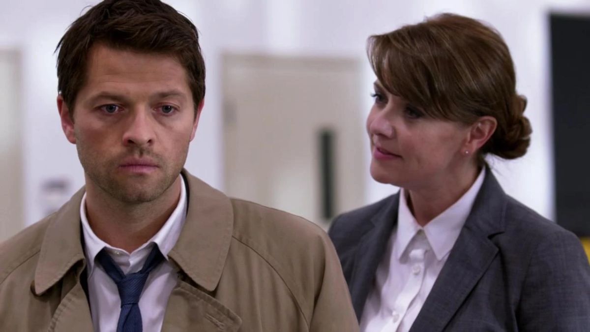 Misha Collins as Castiel and Amanda Tapping as Naomi in Supernatural