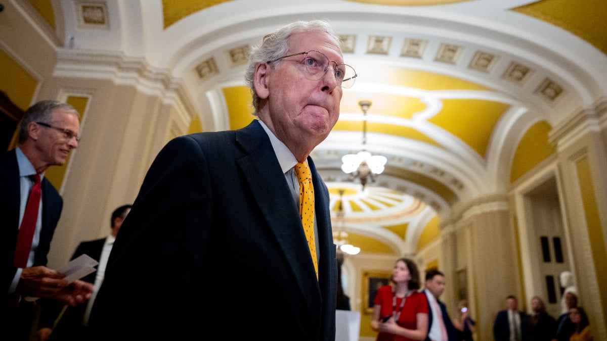 WASHINGTON, DC - SEPTEMBER 17: Senate Minority Leader Mitch McConnell (R-KY) arrives for a news conference following a Senate Republican party policy luncheon on Capitol Hill on September 17, 2024 in Washington, DC. Republican Senate leadership spoke to reporters on a range of topics including a defense appropriations bill, In vitro fertilization (IVF) and Democratic presidential candidate U.S. Vice President Kamala Harris' policies on the U.S. border and inflation. (Photo by Andrew Harnik/Getty Images)