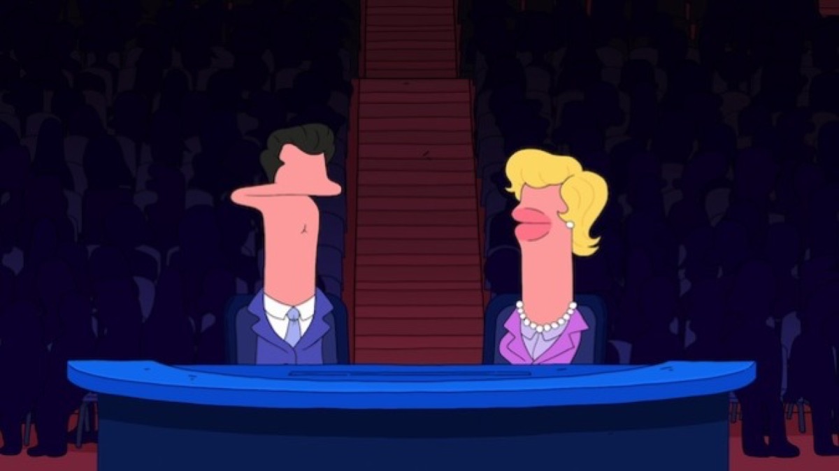 Two animated talking heads debate in an auditorium in "Smiling Friends" 