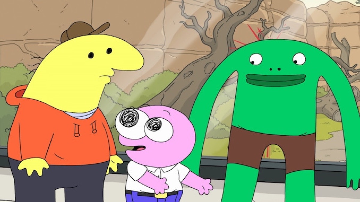 Two animated critters talk to a frog man in "Smiling Friends" 