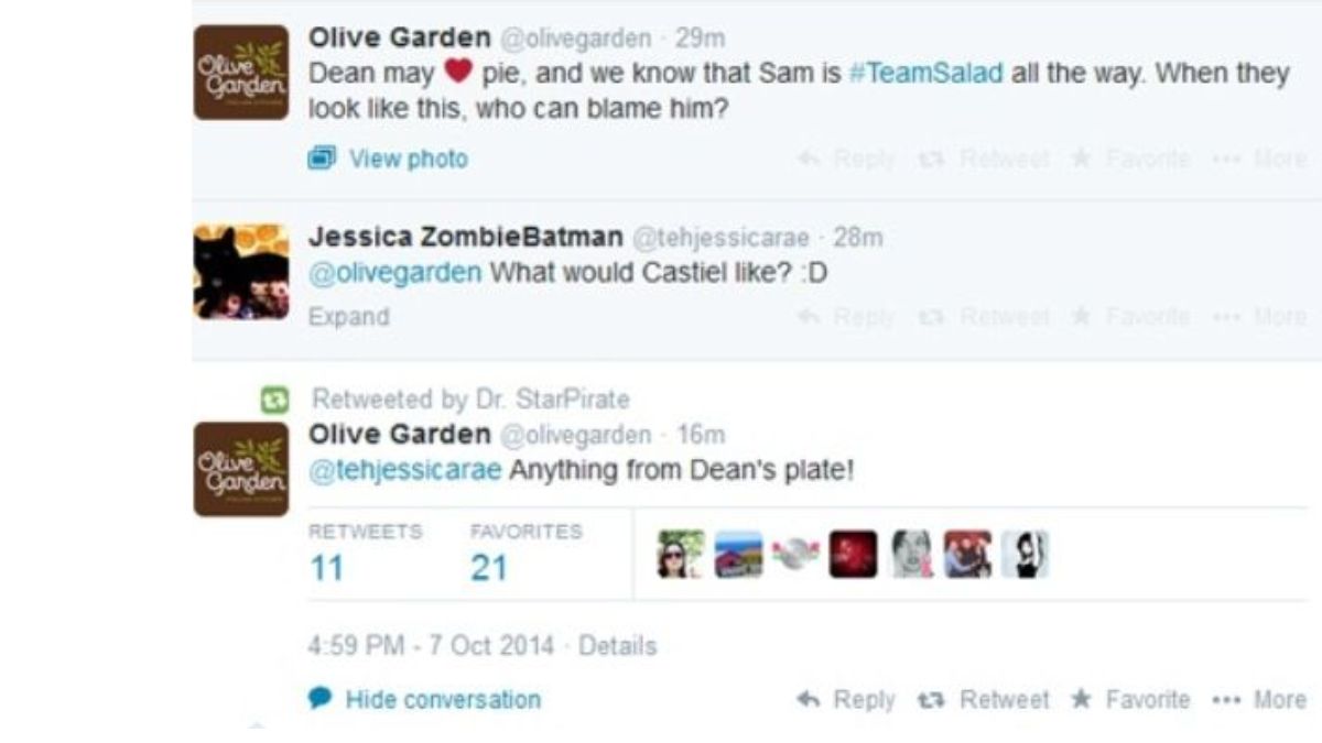 Tweets from the official Olive Garden account on Twitter from 2014 that prove they ship Destiel 