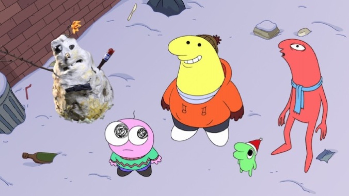 A group of animated critters and a snowman look up to the sky in "Smiling Friends"