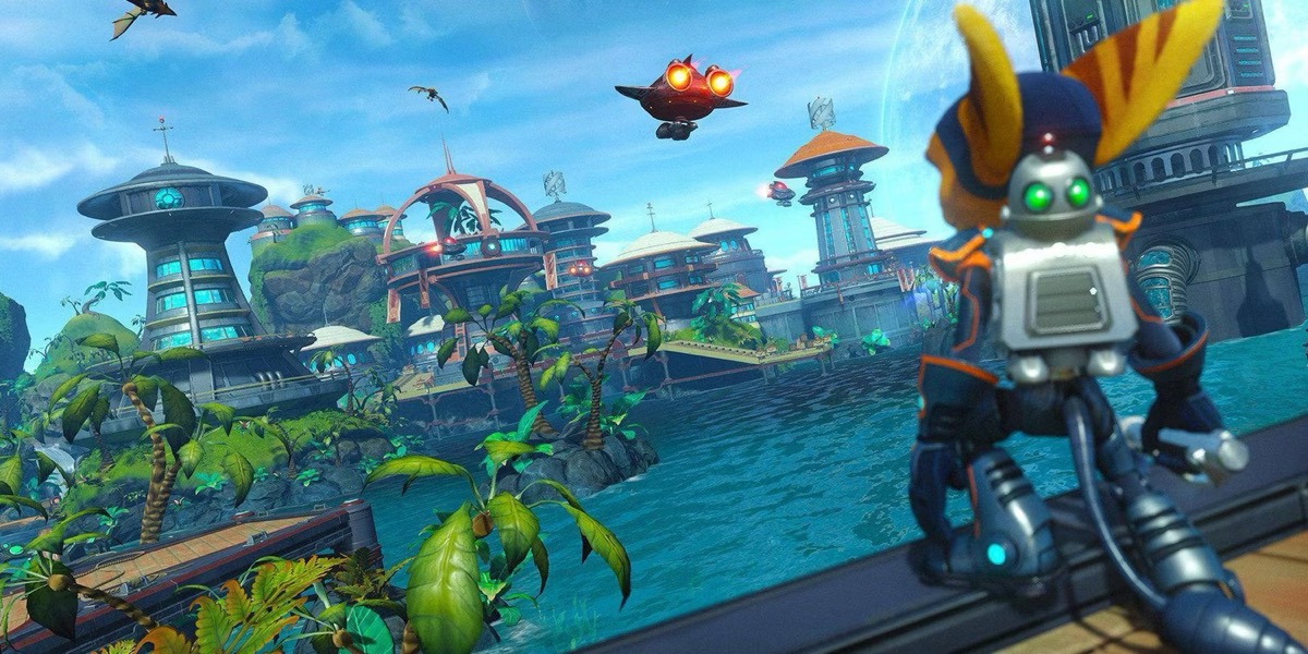 An cat man looks out at an alien water world in the "Ratchet and Clank" remake 