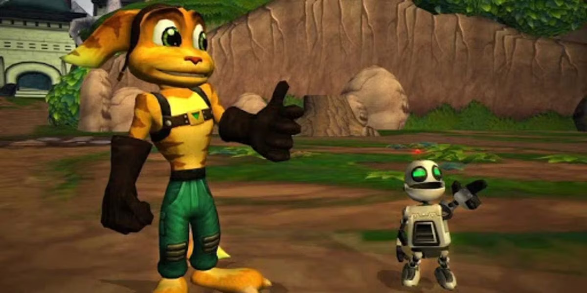 An alien cat man stands next to a little robot in "Ratchet and Clank"