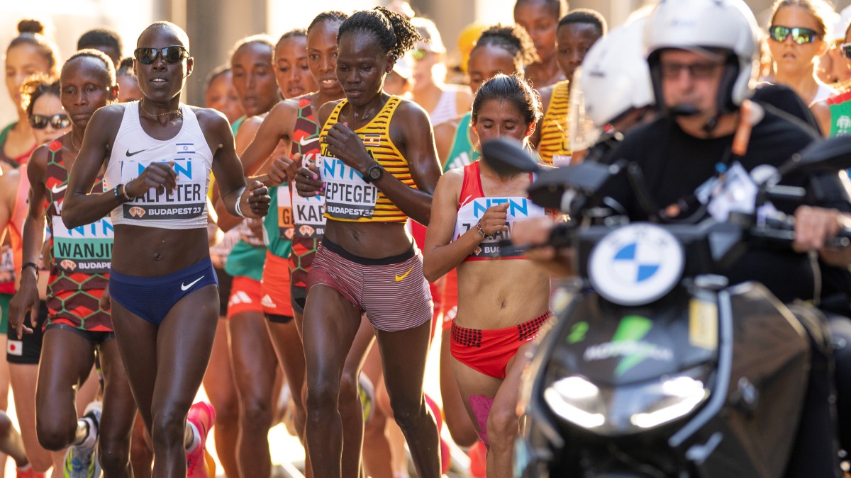 Rebecca Cheptegei competes in the women's marathon at the Paris Olympics