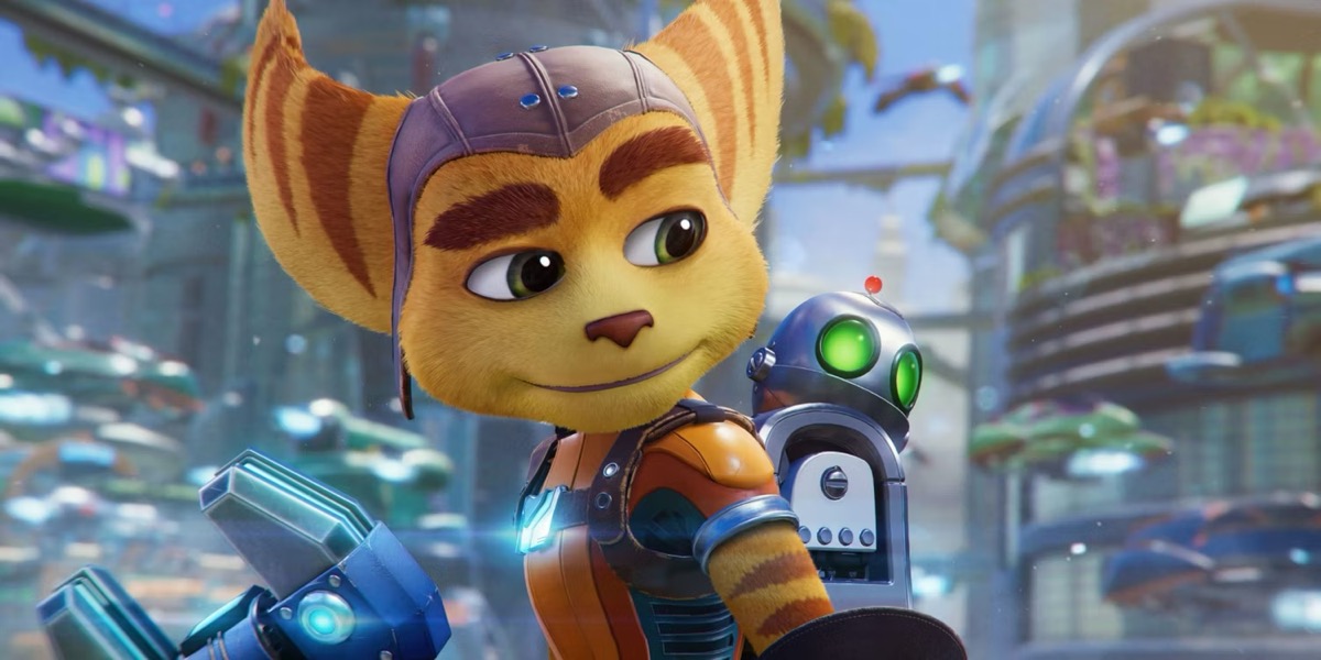 An alien cat man smiles while looking over his shoulder in "Ratchet and Clank: Rift Apart" 