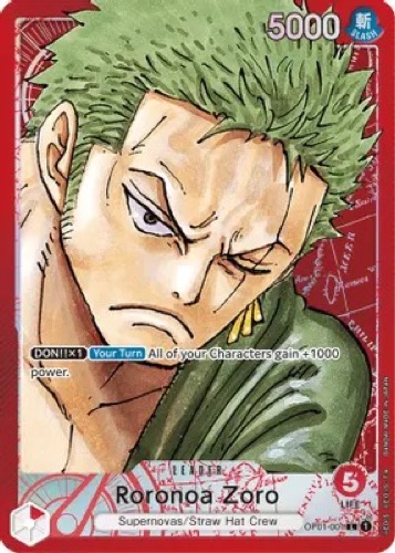 A Roronoa Zoro trading card from "One Piece" 