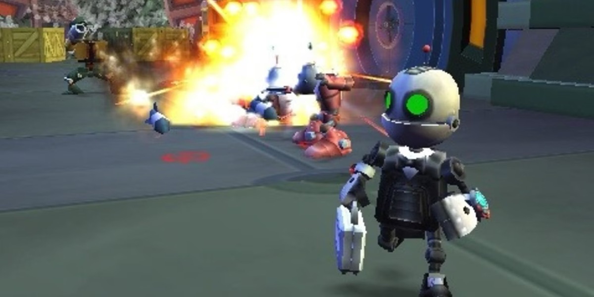 A tuxedo wearing robot runs from an explosion in "Secret Agent Clank"