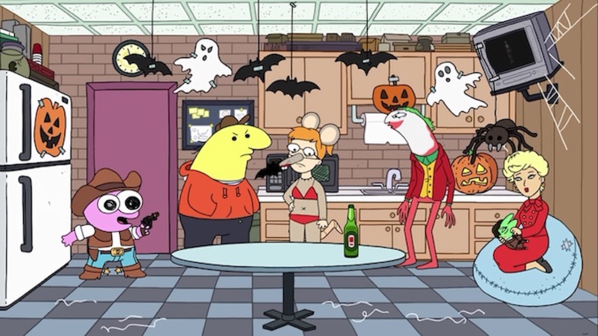 A group of animated critters stand around at a halloween party in "Smiling Friends' 