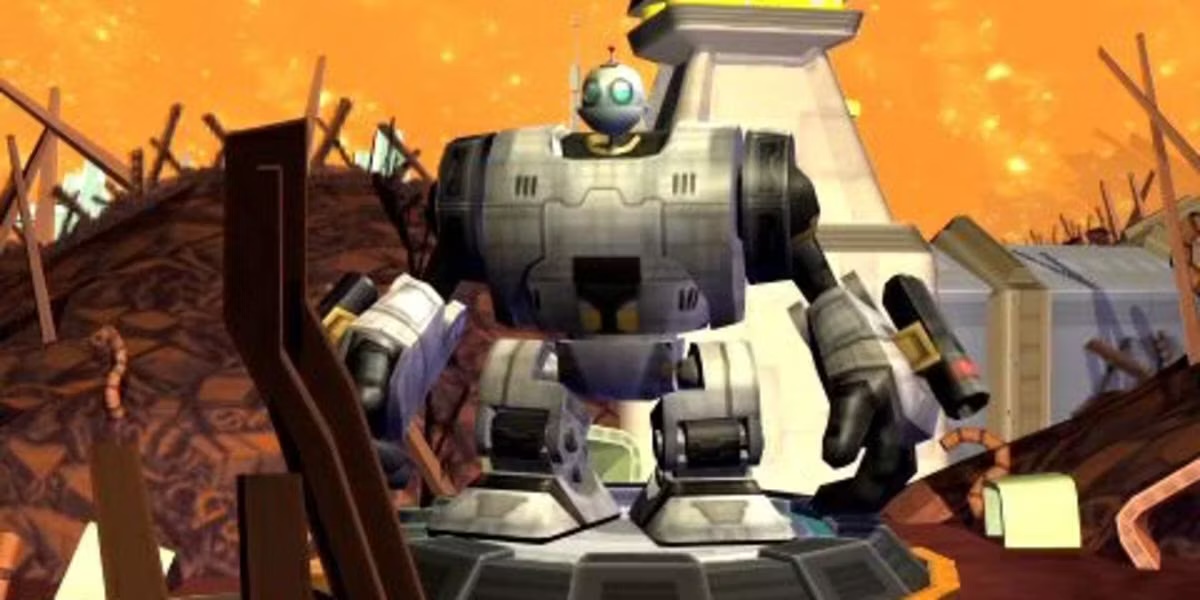 The robot clank stands in a scrapyard in "Size Matters"